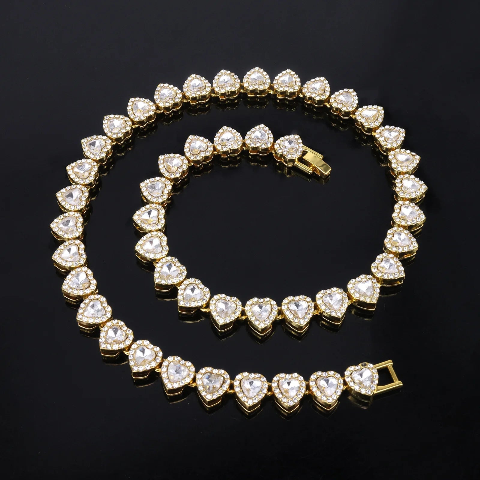 ZAKOL 45CM New Hip Hop Tennis Chain Bracelet Necklace Shiny Heart Rhinestone CZ Fashion Rock Party Jewelry Set Good Vibrations Adult Super Store