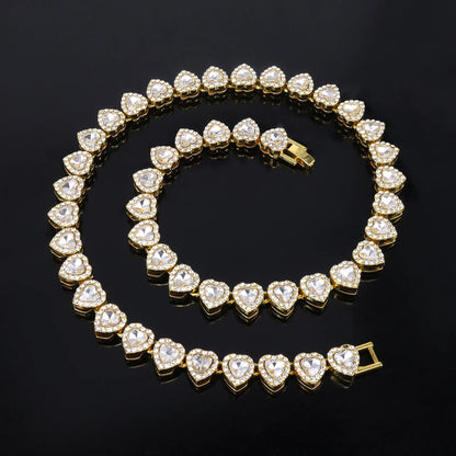 ZAKOL 45CM New Hip Hop Tennis Chain Bracelet Necklace Shiny Heart Rhinestone CZ Fashion Rock Party Jewelry Set Good Vibrations Adult Super Store