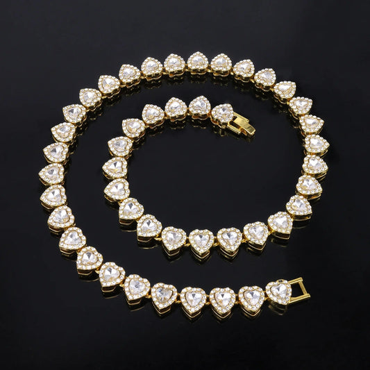 ZAKOL 45CM New Hip Hop Tennis Chain Bracelet Necklace Shiny Heart Rhinestone CZ Fashion Rock Party Jewelry Set Good Vibrations Adult Super Store