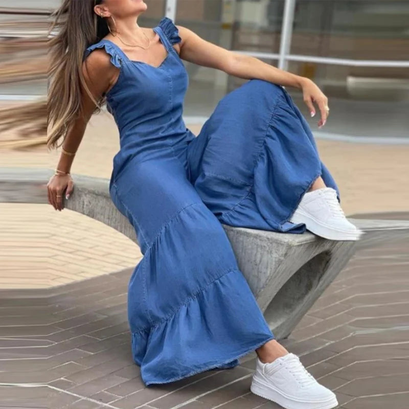 Women Solid Imitation Denim Jumpsuits Spring V Neck High Waist Straight Playsuits Summer Backless Wide Leg Pleated Pants Rompers - Good Vibrations