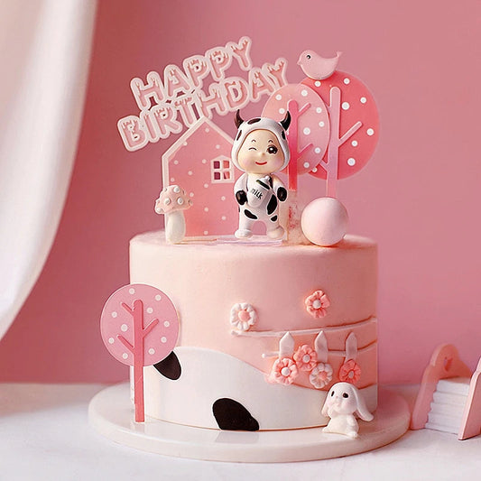 Child Happy Birthday Acrylic Cake Toppers Flag Pink Farm Happy Cow Baby Rabbit for Kid's Birthday Cake Party Supplies Gifts Good Vibrations