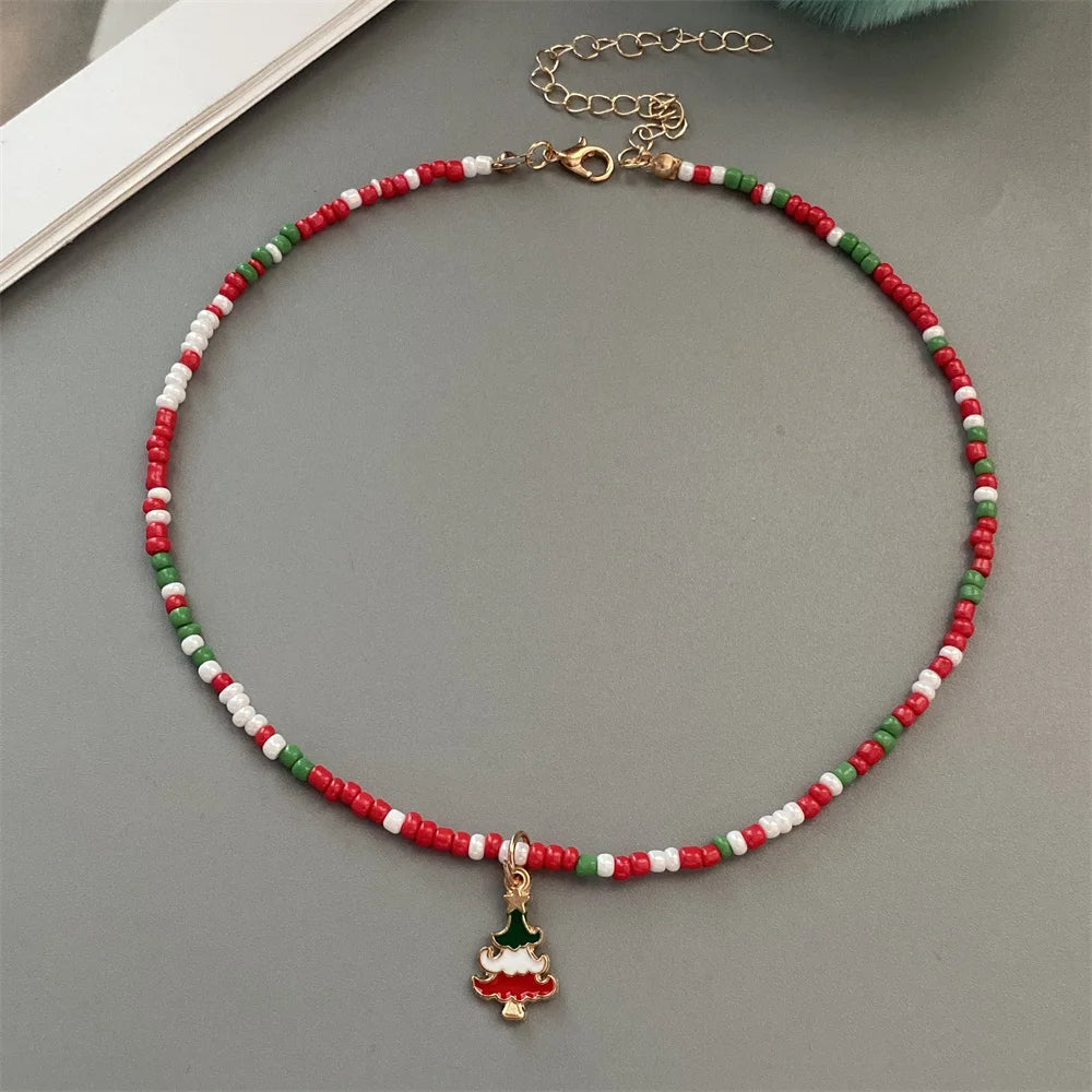 Christmas Necklaces for Women Girls Handmade Rice Beads X'mas Tree Santa Claus Snowman Gift Necklace Pendant New Year Jewelry Good Vibrations