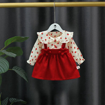 Spring And Autumn Girls' New Shoulder Strap Long Sleeve Dress, Baby Girl's Big Collar 3d Splicing Flower Sweet Children's Skirt Good Vibrations