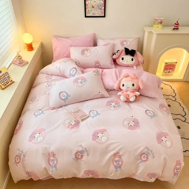 Sanrio 100% Cotton Bedding Set Cute Hello Kitty Kuromi Melody King Queen Pillowcase Bed Linens Girl Dorm Bedclothes Home Textile Good Vibrations