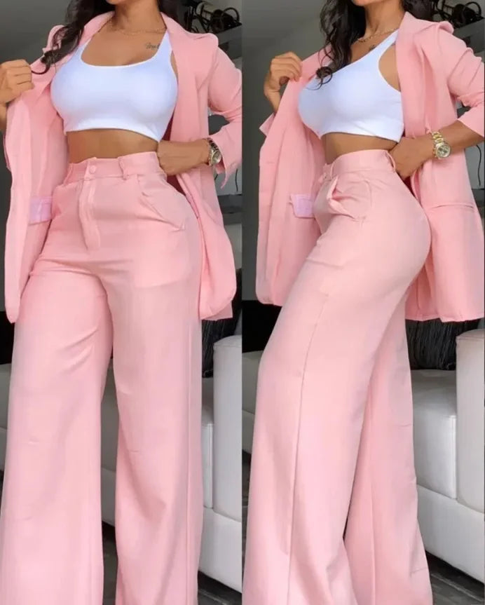 Women Pant Sets Two Piece Set Pants Turn Down Collar Single Breasted Tracksuit Outerwear Ankle Length Straight Pockets Loose Good Vibrations