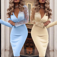 Evening Dresses for Women Spring Autumn Elegant Sexy Bodycon Dress Deep V-neck Long Sleeve Lace Formal Party Prom Gowns Vestidos Good Vibrations