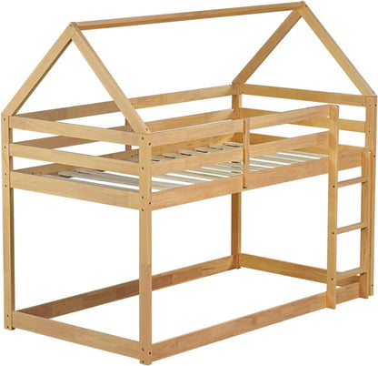 Twin Over Twin Bunk Bed for Girls Boys,Solid Wood House Shaped Bunk Bed Frame with Ladder and Guardrails,Space Saving Design Good Vibrations
