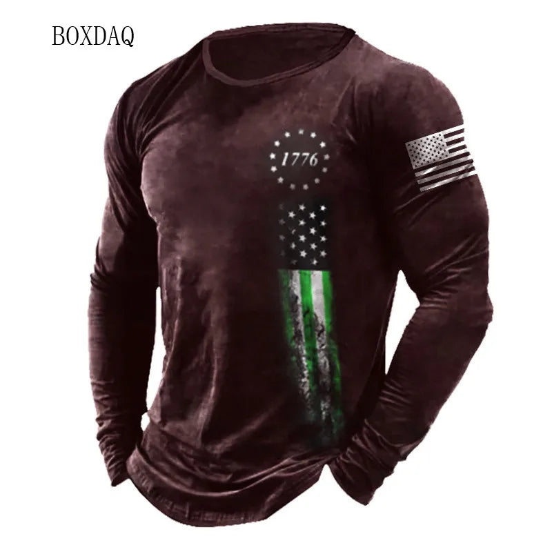 American Flag Pattern Men T-shirts Spring Autumn Long Sleeve 3d Print Street Fashion Tee 6XL Plus Size Male Clothing Casual Tops Good Vibrations