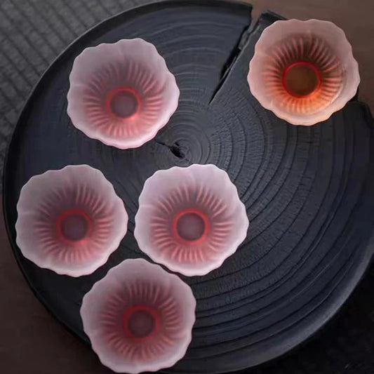 4 Pieces Glazed Glass Frosted Pink Sakura Japanese Teacup, Tableware Good Vibrations
