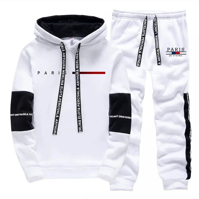 2025 Trendy Paris Print Hooded Tracksuit Men Winter Autumn Casual Jogging Outfit Athletic Sportswear Sweatpants Men's Clothes Good Vibrations