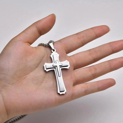 3D Cross Pendant Necklaces for Men Boys,Black Gold Color Stainless Steel Cross Necklace,Hiphop Punk Party Gift Good Vibrations