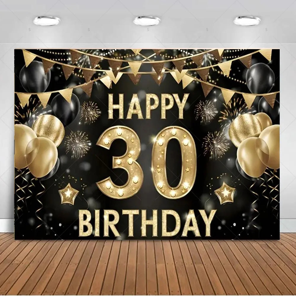 30th Birthday Party Decor Background Pink Black Gold Glitter Woman Man 30 Years Old Photography Backdrop Supplies Adult Gifts Good Vibrations