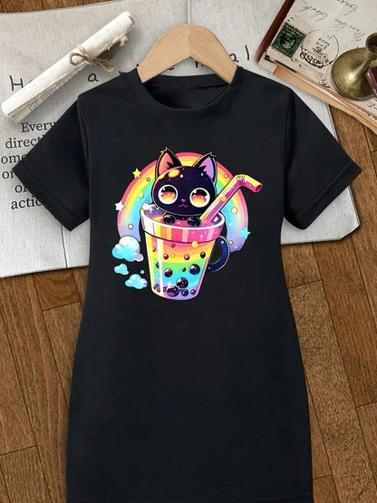 Children's Clothing for Girls: Short-Sleeve Long T-Shirt Dress, Ins Style for Older Children, Rainbow Black Cat Pearl Milk Tea Print Short-Sleeve T-Shirt, Suitable for Girls Aged 4-12, Comfortable and Versatile Dress Good Vibrations