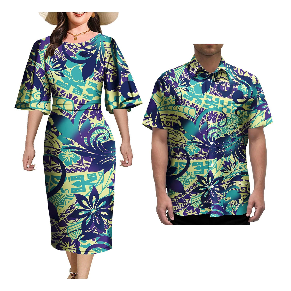 Couple Outfit Sets Elegant Dresses Women Sexy Skirt Samoa Tattoo Printed Polynesian Casual Dress Matching Men Shirts Good Vibrations