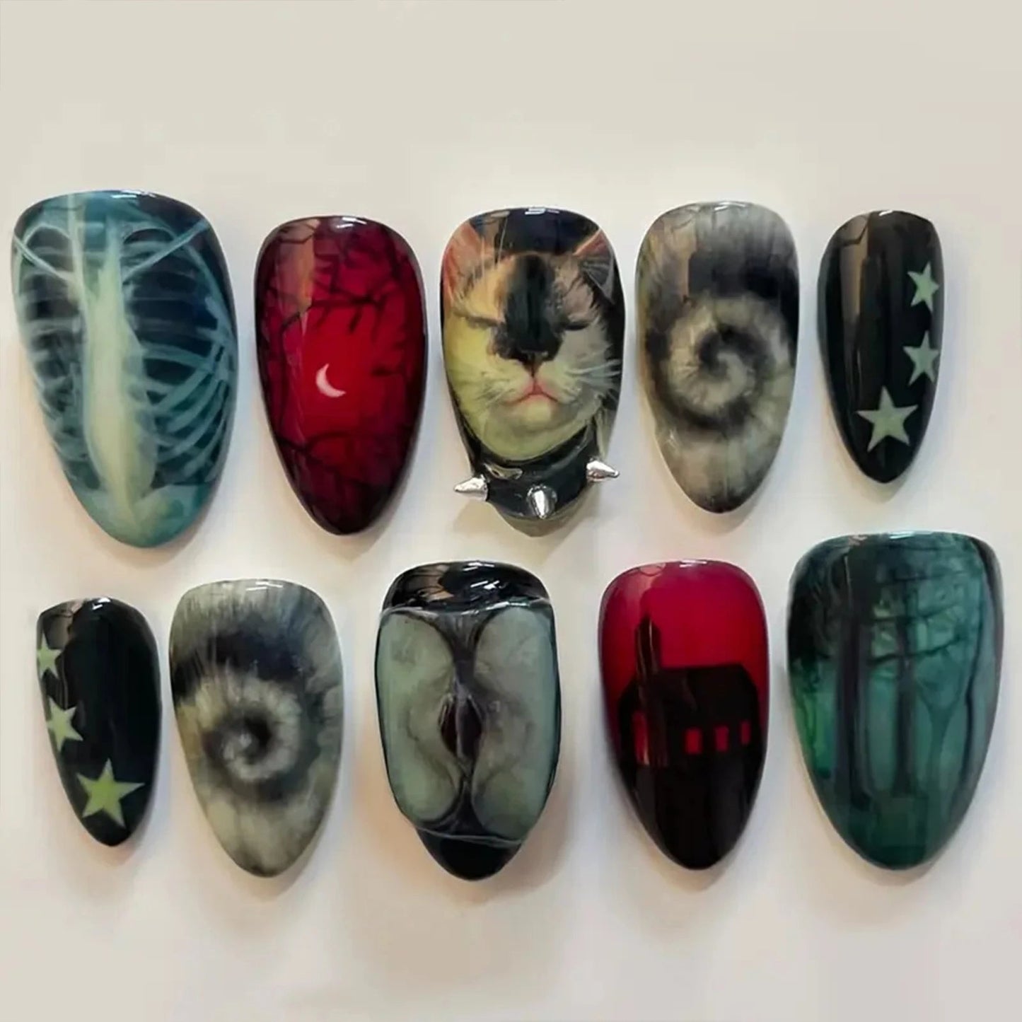 10pcs Dark Black Style Handmade Fake Nails Y2k Star Horor Foreat Designs Press On Nails Halloween Wearable Almond False Nail Good Vibrations