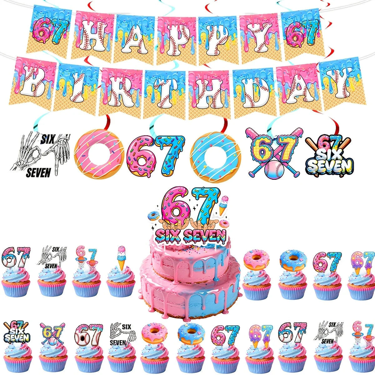 6 7 Birthday Decorations 67 Meme Themed Baseball Ice Cream Donut Banner Cake Topper Balloons for Baby Shower Party Supplies Good Vibrations