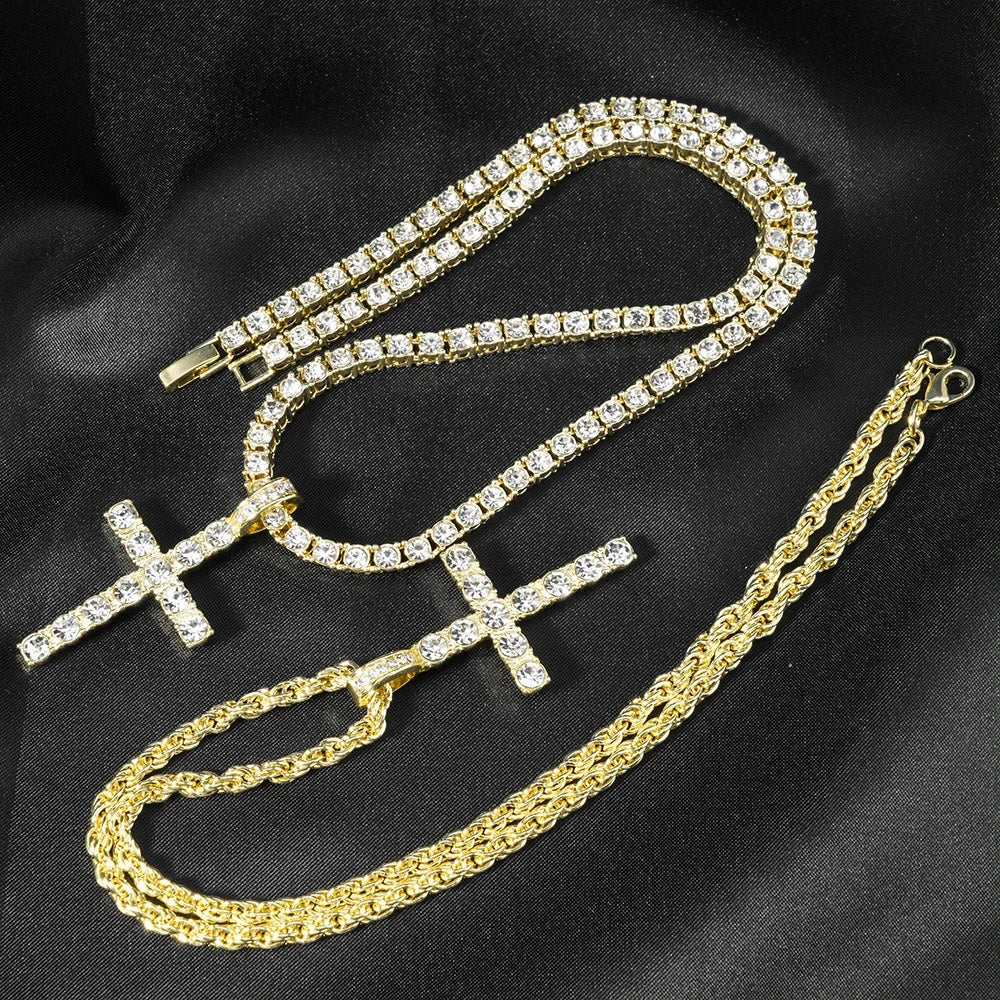 Hip Hop Iced Out Cross Pendant Necklace Strap 4mm Zircon Tennis Chain Men Women Sparkling Necklace Punk Jewelry Fashion Gift Good Vibrations