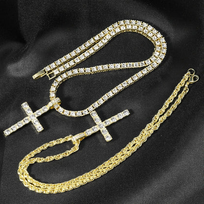 Hip Hop Iced Out Cross Pendant Necklace Strap 4mm Zircon Tennis Chain Men Women Sparkling Necklace Punk Jewelry Fashion Gift Good Vibrations