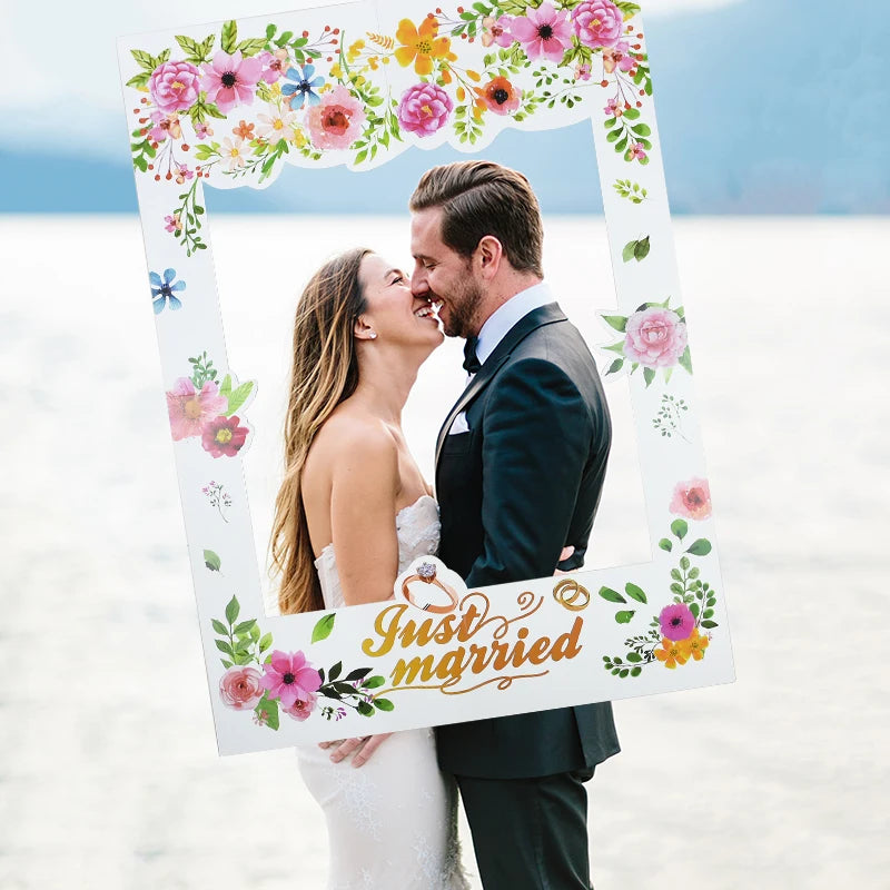 Just Married Photo Booth Frame Props Banner Wedding Decoration Mr Mrs Photobooth Props Latex Balloons Hen Party Bride Groom Good Vibrations