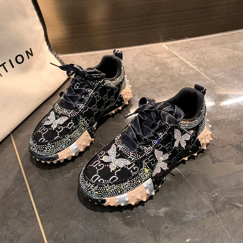 Women Sports Shoes Trend 2024 Rhinestone Sneaker Tennis Female Casual Mirror Luxury Designer Elegant Fashion Shoes for Women Good Vibrations