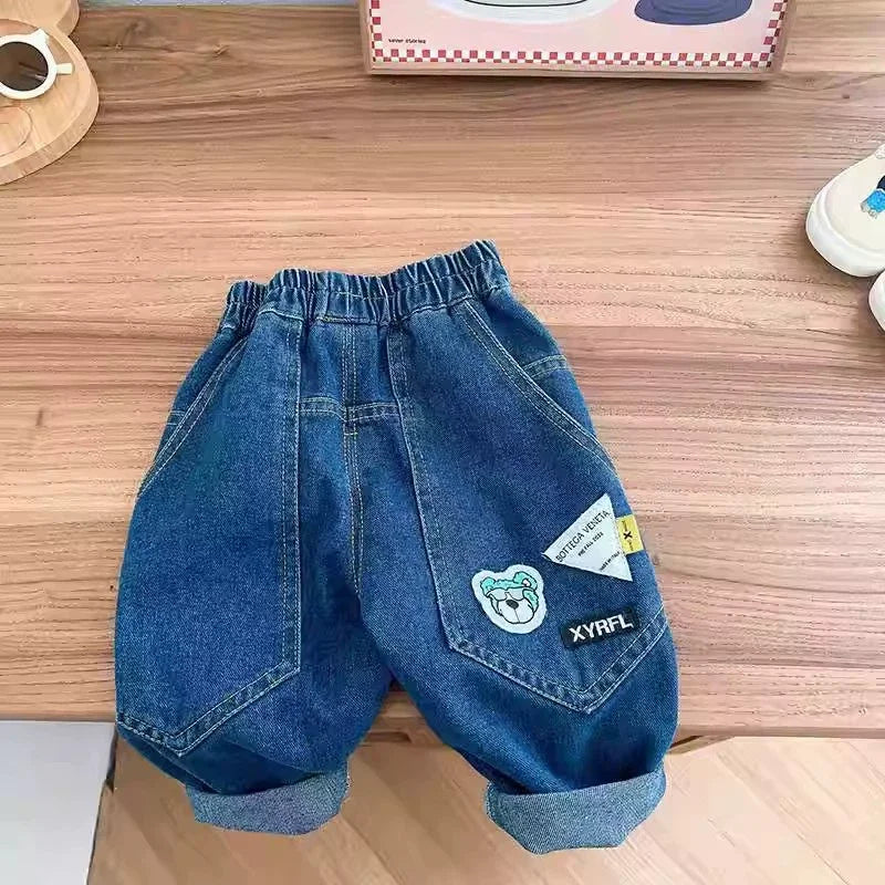 New Spring Autumn Childrens Boys Casual Trousers Foreign Side Pockets Polished Boys Jeans Stretch Versatile Kids Boys Pants Good Vibrations