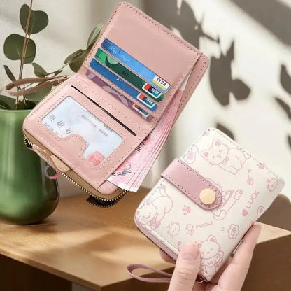 Cute Cat PU Leather Coin Purse Women Fashion Short Wallet Folding Zipper Wallet ID Card Holder Travel Lightweight Cash Coin Bags Good Vibrations