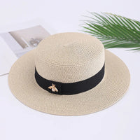 new Ladies Sun Fedora Hats Small Bee Shiny Straw Hat European American Retro Gold Female Sunshade Flat Sequins Hat Good Vibrations
