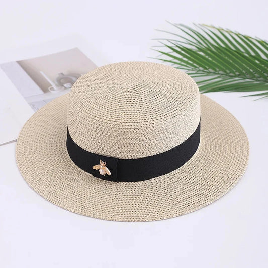 new Ladies Sun Fedora Hats Small Bee Shiny Straw Hat European American Retro Gold Female Sunshade Flat Sequins Hat Good Vibrations