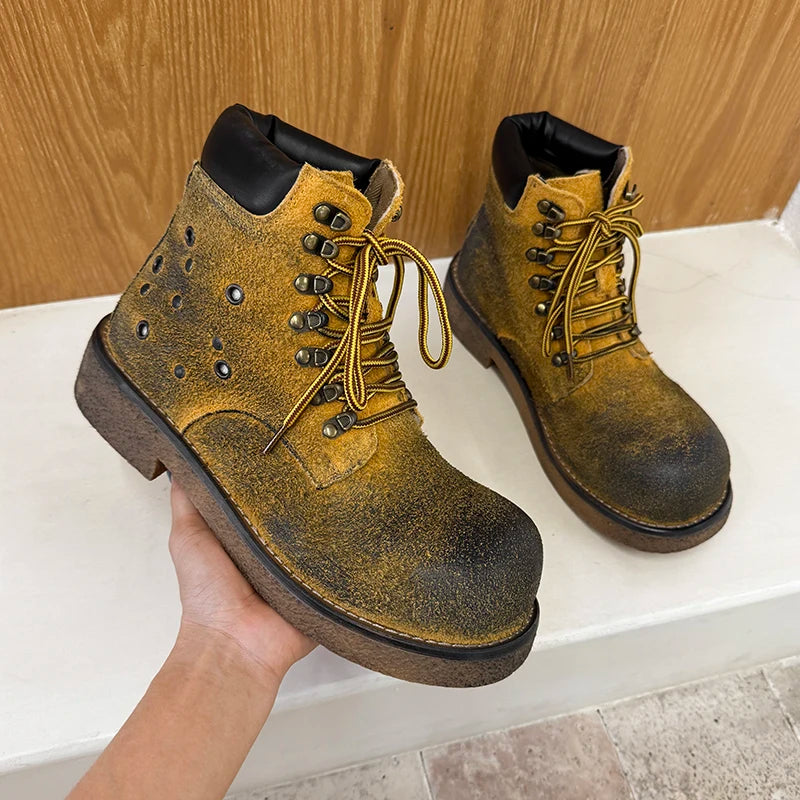 Boots Men High Top Boots High Quality Women Leather Shoes Fashion Outdoor Sneakers Men Lace Up Non-Slip Ankle Boots for Couple Good Vibrations