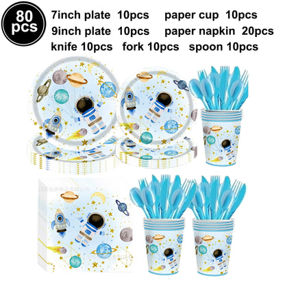 Blue Galaxy Space Disposable Plates Napkins Cups Outer Space Theme Party Tableware for Boys Astronaut Theme Birthday Decorations Good Vibrations