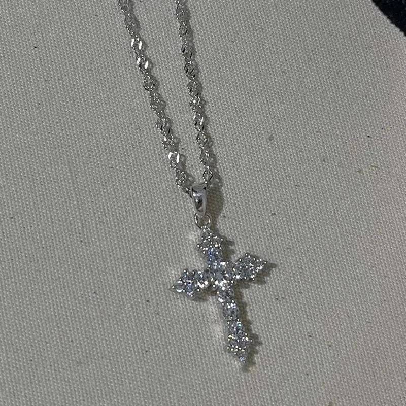 Shiny Crystal Zircon Cross Pendant Necklace for Women Girls Punk Silver Color Thin Chain Necklace Party Jewelry Birthday Gift Good Vibrations