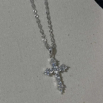 Shiny Crystal Zircon Cross Pendant Necklace for Women Girls Punk Silver Color Thin Chain Necklace Party Jewelry Birthday Gift Good Vibrations