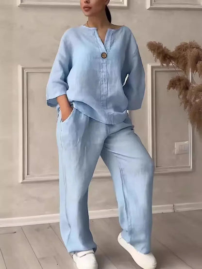 Muslim Sets Women 2 Piece Suit Shirt Wide Leg Pants Outfits 2025 Ensemble Button Lace Up Elastic Waist Blouse Straight Trousers Good Vibrations