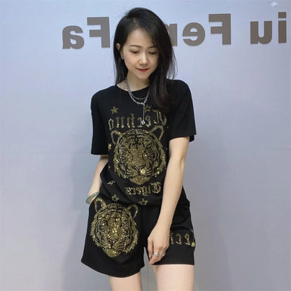 2026 Spring 2 Piece Sets Womens Outfits Cartoon Pattern Diamonds Black Tracksuit Casual Knitting O Neck Tops and Shorts Suits Good Vibrations