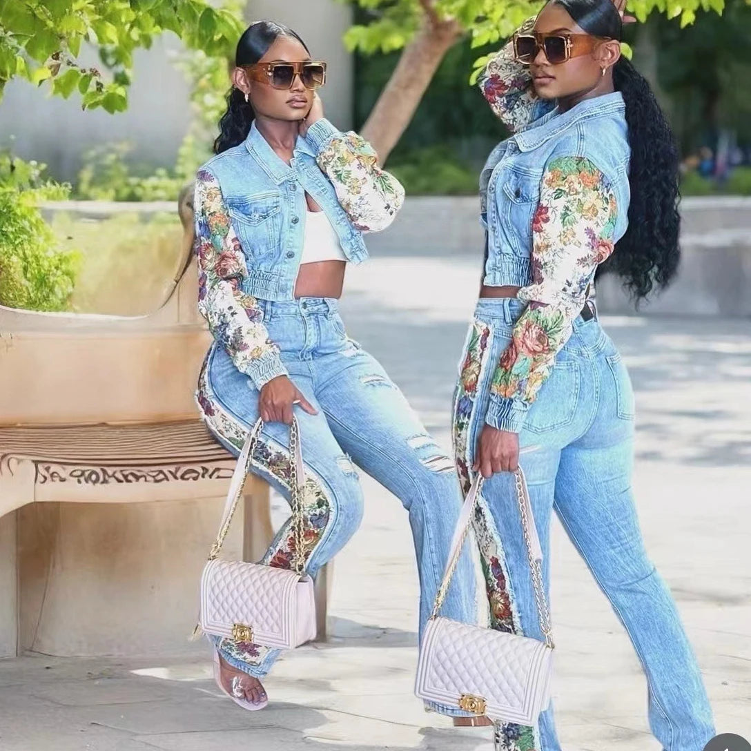 Jeans Suit Women Denim Two Piece Set Short Coat Pants Outfits Hole Trousers Flower Print Turn Down Collar Autumn 2025 Y2k Good Vibrations