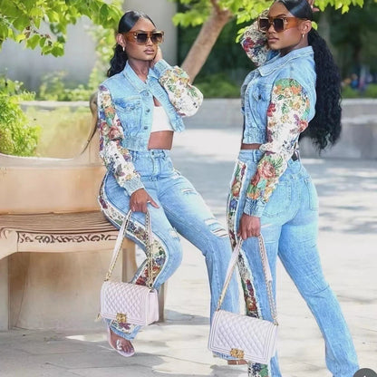 Jeans Suit Women Denim Two Piece Set Short Coat Pants Outfits Hole Trousers Flower Print Turn Down Collar Autumn 2025 Y2k Good Vibrations