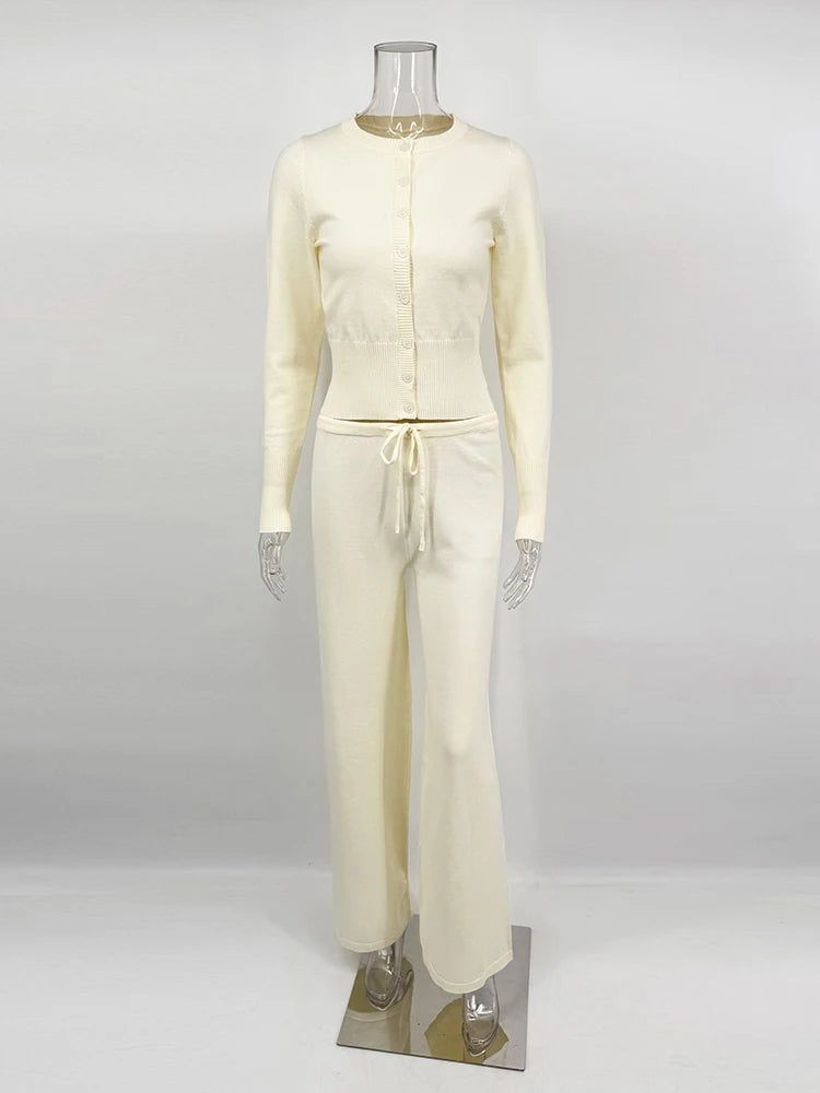 Tornova 2025 Fall Winter Knitted Suit Solid Cardigan Top Women's O neck Knitted Sweater Straight Trousers Two Piece Set Casual Good Vibrations