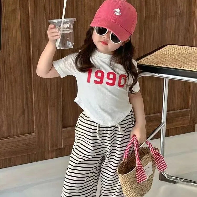 Children's Clothing Sets Digital Printed Short Sleeve Top + Striped Wide Leg Pants Kids Clothes 2 To 7Years Baby Girl Outfit Set Good Vibrations