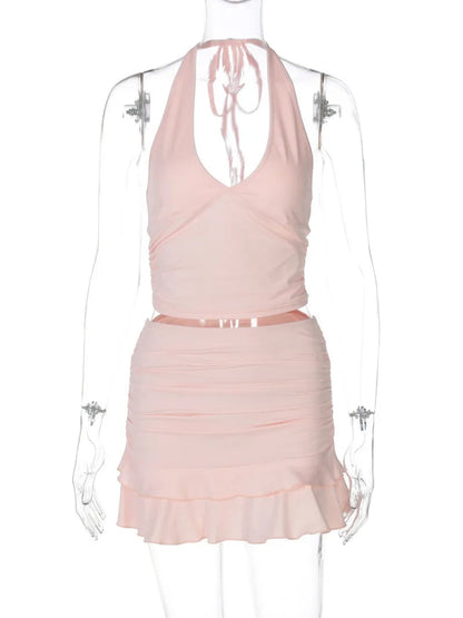 Woman Clothing Halter Neck Corset Top and Ruched Mini Skirts Two Pieces Matching Set Pink Red Black Backless Festival Outfit Good Vibrations