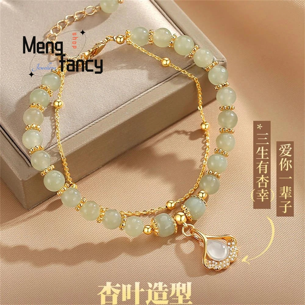 Natural Hetian Jasper Three Lifetimes Have Apricots Meet You Double Apricot Leaf Bracelet Exquisite Charm Luxury Fashion Jewelry Good Vibrations