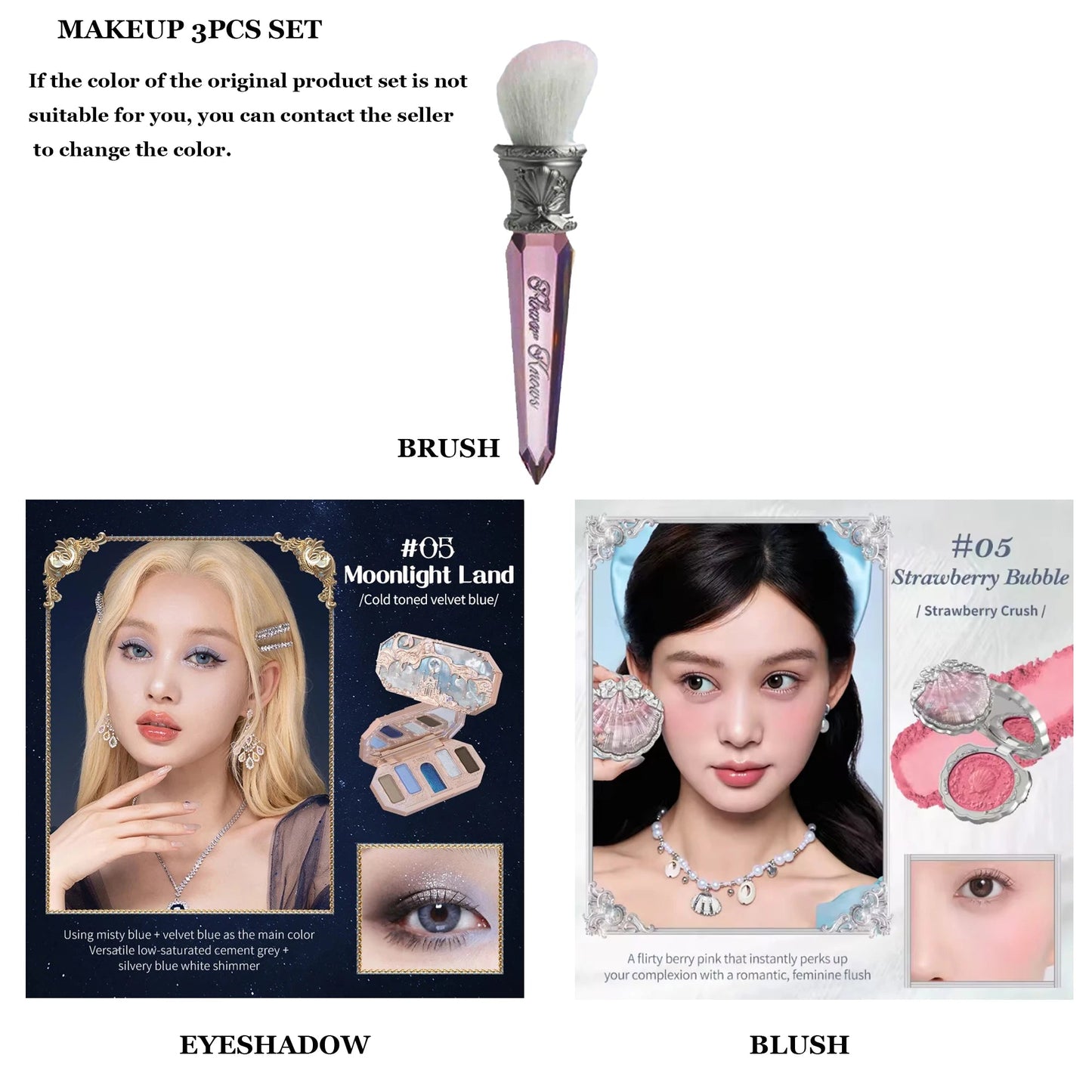 Flower Knows Moonlight Mermaid Series Glitter Eyeshadow Palette High Pigment Shell Jewelry Blush Makeup Brush Set Matte Finish Good Vibrations