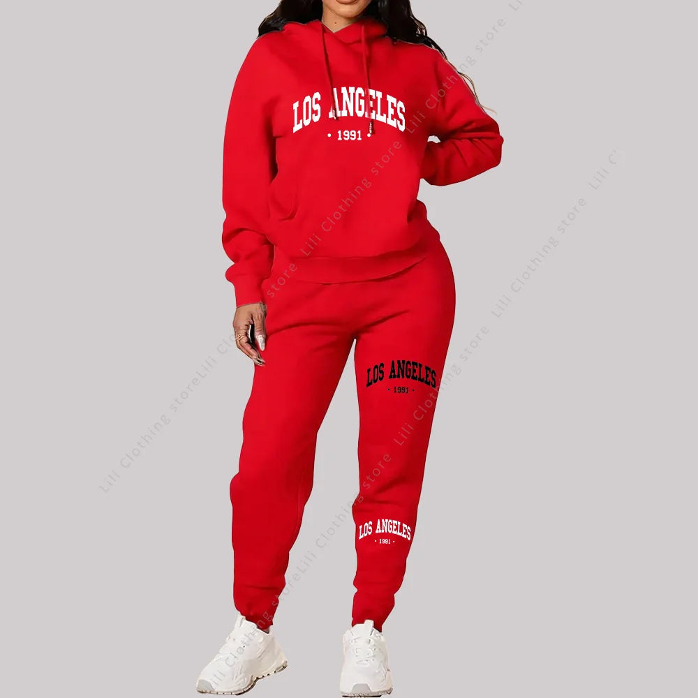 Women Sets Hoodies Pants 2 Piece Outfits Aesthetic Sportswear Sweatsuit Los Angeles Letter Print Suit Ladies Tracksuit Plus Size Good Vibrations