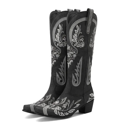 Western Cowboy Knee High Boots for Women Embroidery Flower Rhinestone White Brown Round Toe High Heels Retro Cowgirl Long Boots Good Vibrations