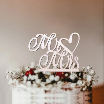 1Pcs Hollow Letter Love Just Married Mr&Mrs Cake Topper Bride and Groom Wooden Wedding Cake Topper For Wedding Party Supplies Good Vibrations