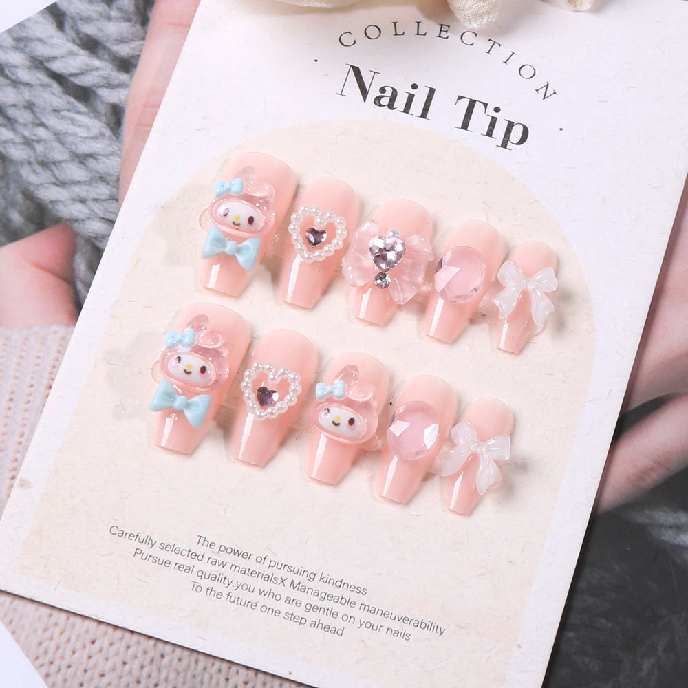 Sanrio Kawaii Pink My Melody Fake Nails 24Pc 3D kuromi Anime Cute Nail Patches False Nail Tips Cartoon Y2K Fashion Press on Nail Good Vibrations
