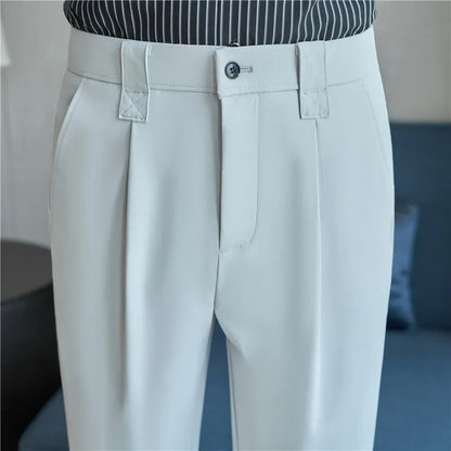 Men Straight Leg Suit Pants Summer Ice Silk Lightweight Elastic Waist Casual Loose Wide-leg Trousers Dress Pants Men Clothing
