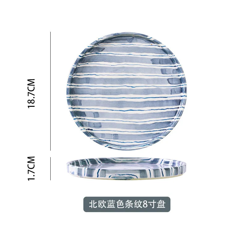 Ceramic Coffee Mug Three-piece Set Hand-painted Striped Mug Afternoon Camellia Tea Mug Breakfast Milk Oatmeal Mug Cake Plate New Good Vibrations