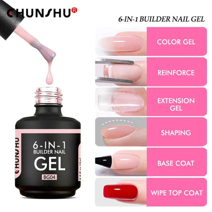 CHUNSHU 6 IN 1 Extension UV Gel Polish In A bottle Builder Nail Gel Rubber Base Coat Semi Permanent Nails Art Self-leveling 15ML Good Vibrations