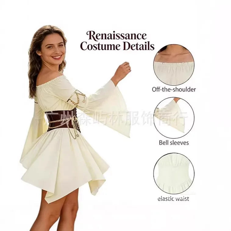 Women's Dress Suit Halloween Renaissance Medieval Pirate Dress Off-the-Shoulder Flared-Sleeve Waist-Cinched Dress Outfits Good Vibrations