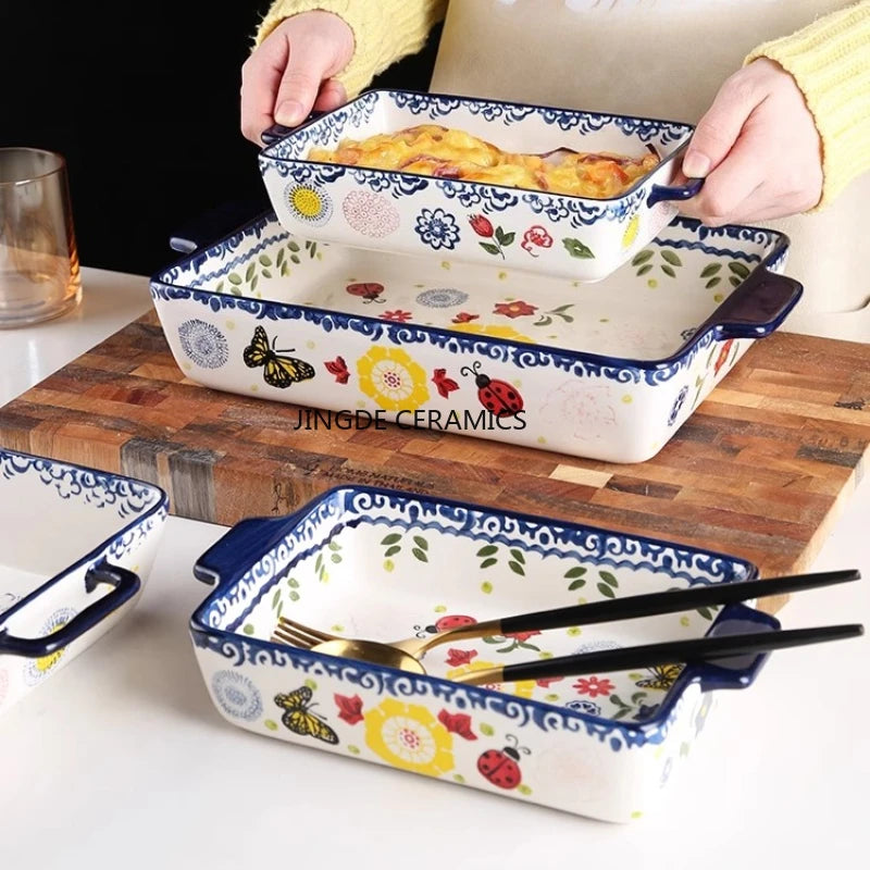 Rectangular/elliptical Double Ear Plate Cheese Baked Rice Tray Ceramic Baking Tray Oven Household Large Square Plate Tableware Good Vibrations